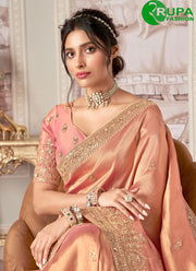 Magnetic Peach Jacquard Silk Booti, Embroidered, Sequins and Zari Work Wedding Saree
